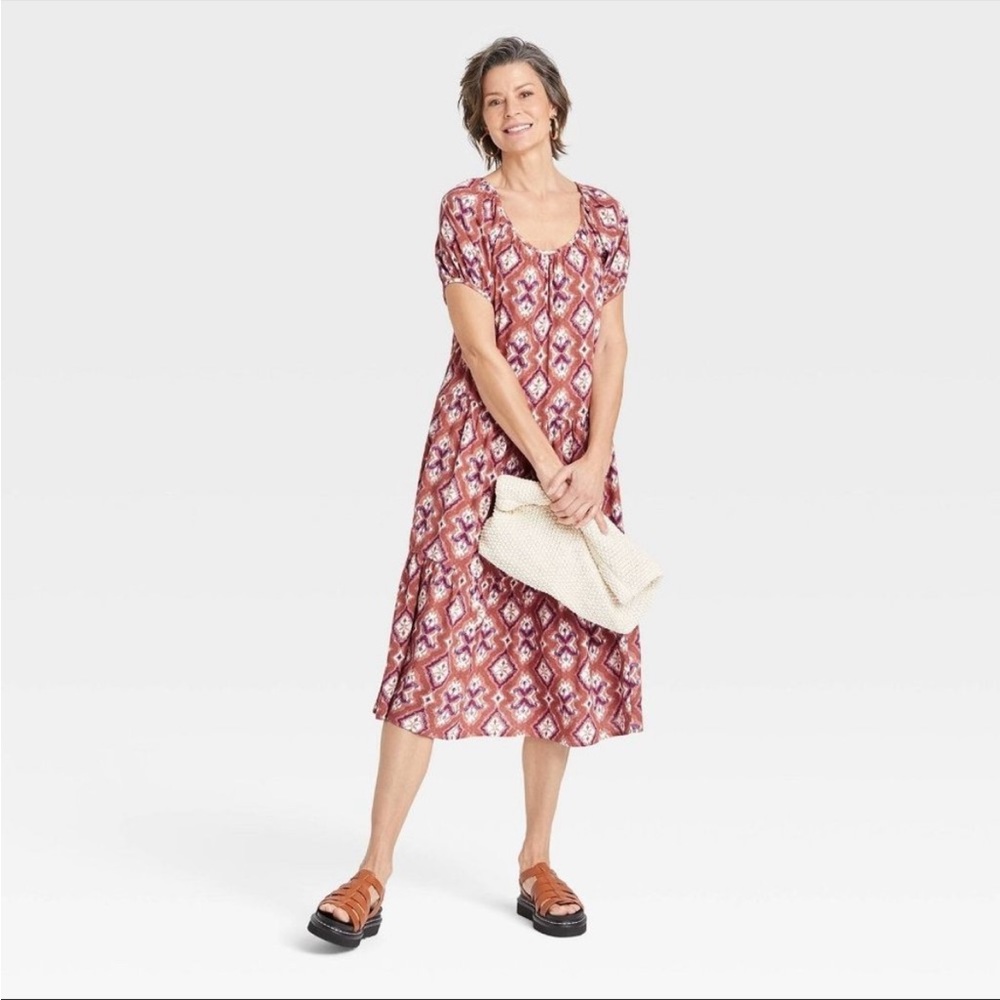 NWT Knox Rose Puff Sleeve Cognac Tiered A Line Dress Tie Neck- Women’s Size M